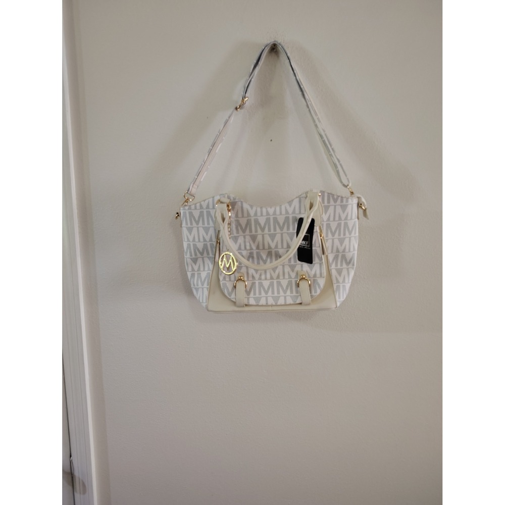 MKF Collection Mia K White Monogram Satchel Crossbody Bag Gold Hardware New